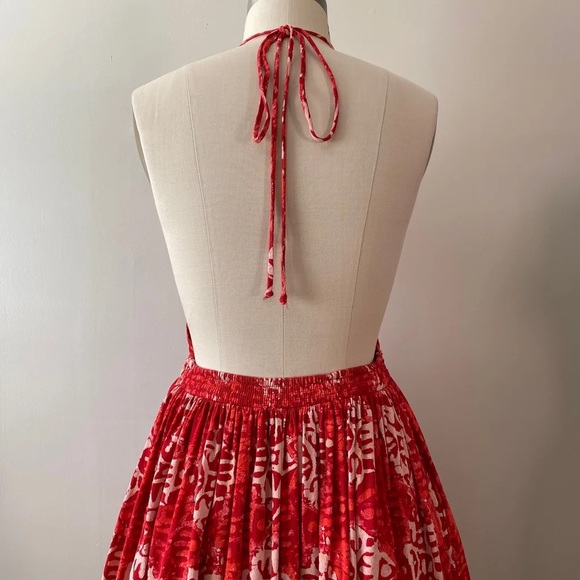 FREE PEOPLE BEACH DAY RED BLOCK PRINT HALTER TIE OPEN BACK SWING DRESS XS - Picture 10 of 16
